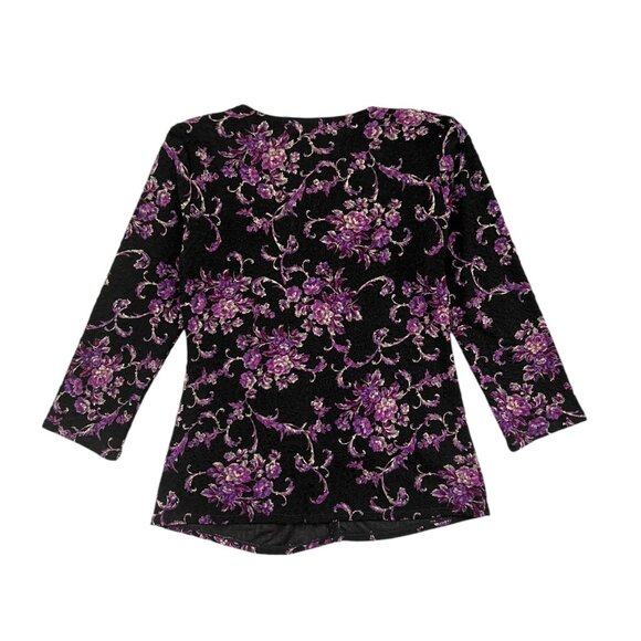 Vintage Y2K Floral Slinky Ring Deep Vneck Top Black Purple Small Disco Going Ou - Picture 2 of 13